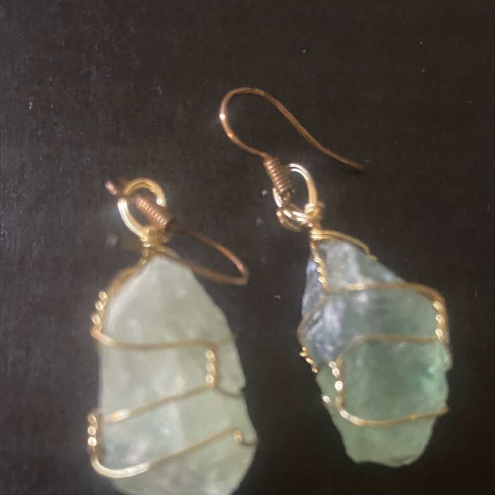 Raw Aqua Marine Wrapped in Delicate Gold Wire Dangling Earrings